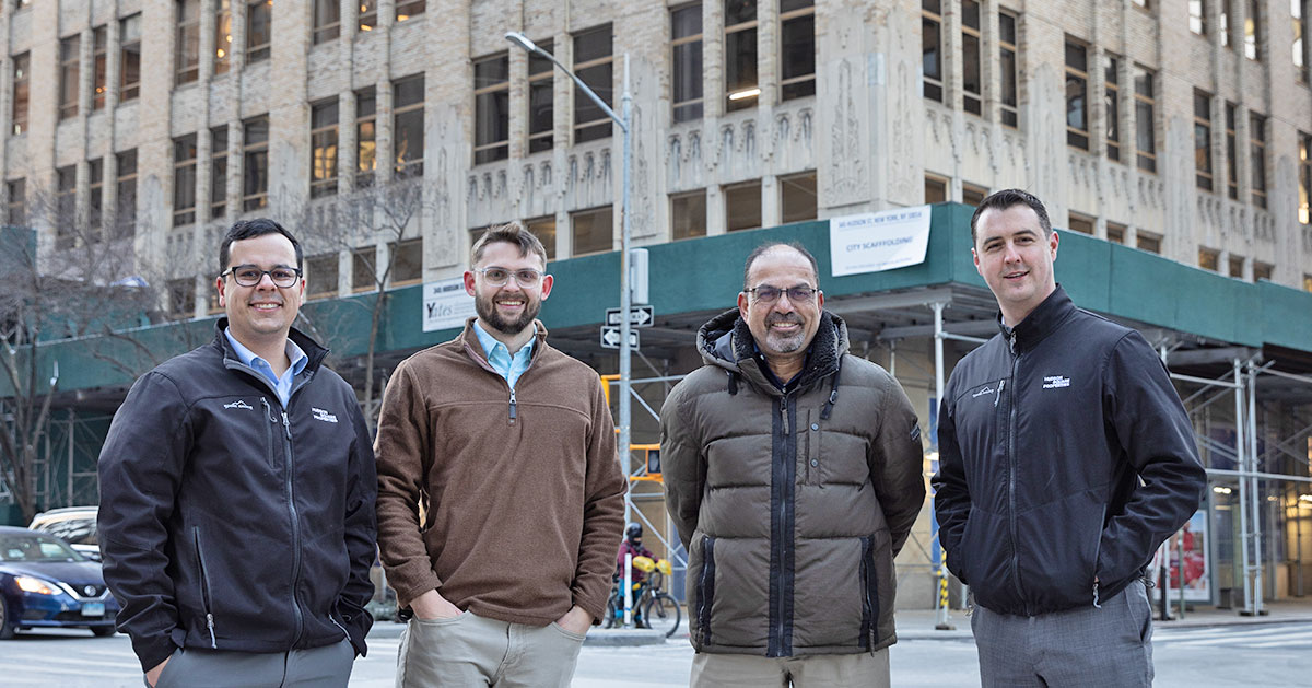 Anthony Magliozzi (Hines), Kyle Dew (Thornton Tomasetti), Yasser Khalifa (Thornton Tomasetti) and Gavin Ennis (Hines) at 345 Hudson Street.